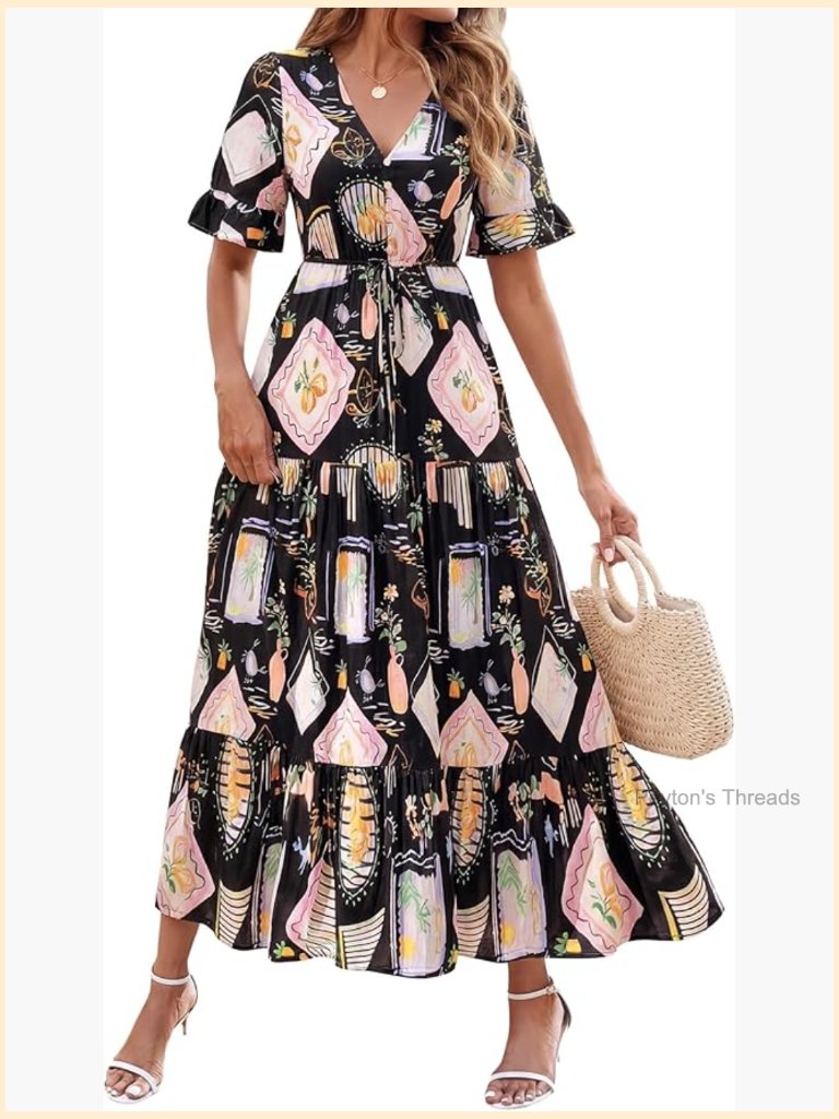 Boho Floral Maxi Dress With Pockets - V Neck Flowy A-Line
